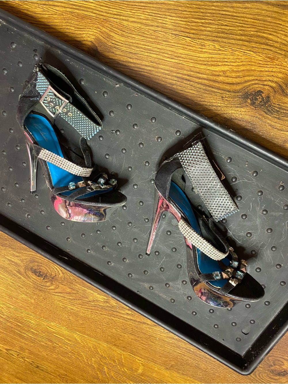 🌷 Celeste 🌷 Black & Blue Rhinestone Ankle-Strap Silver Platform Heels